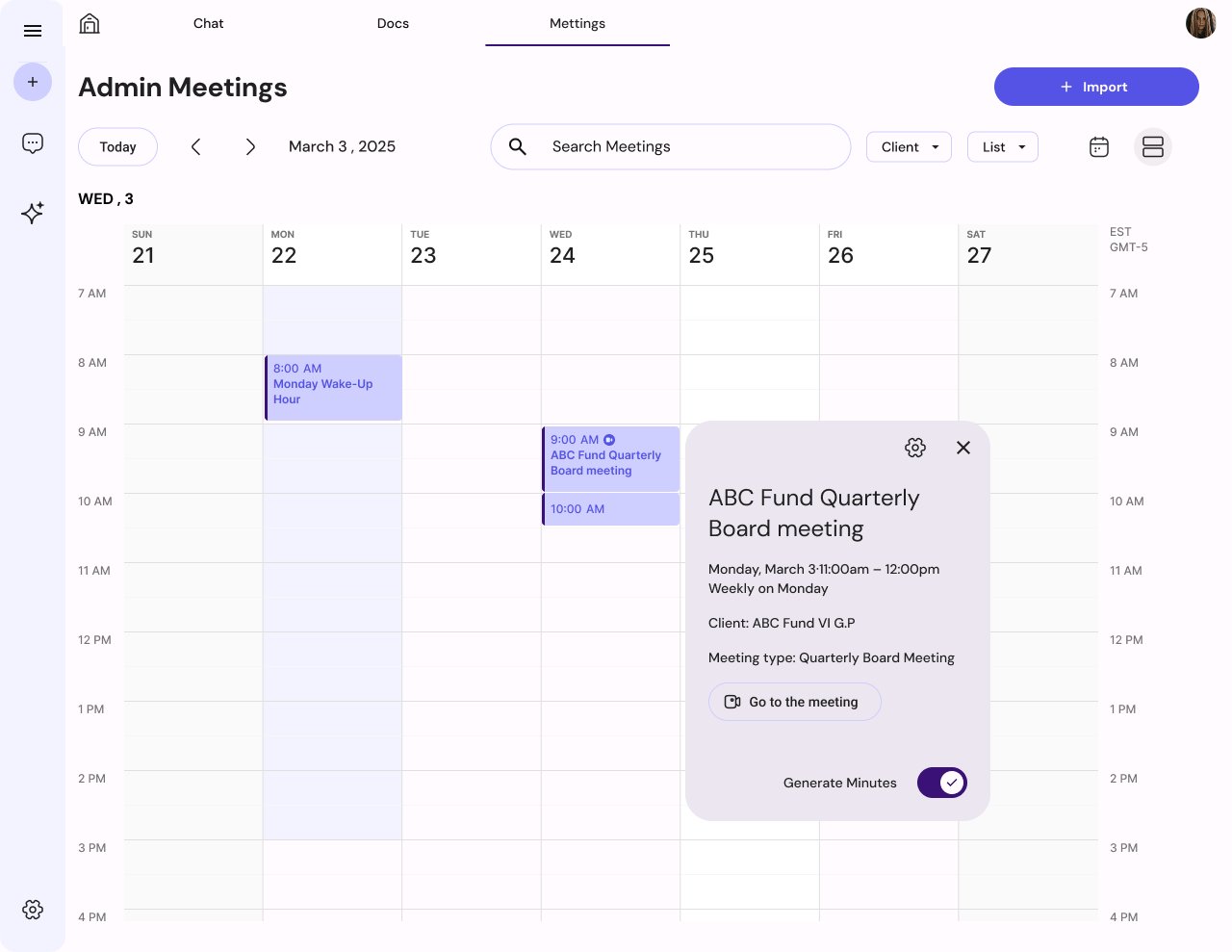 Vista del calendario de reuniones en Starlight con toggle Generate Minutes activo